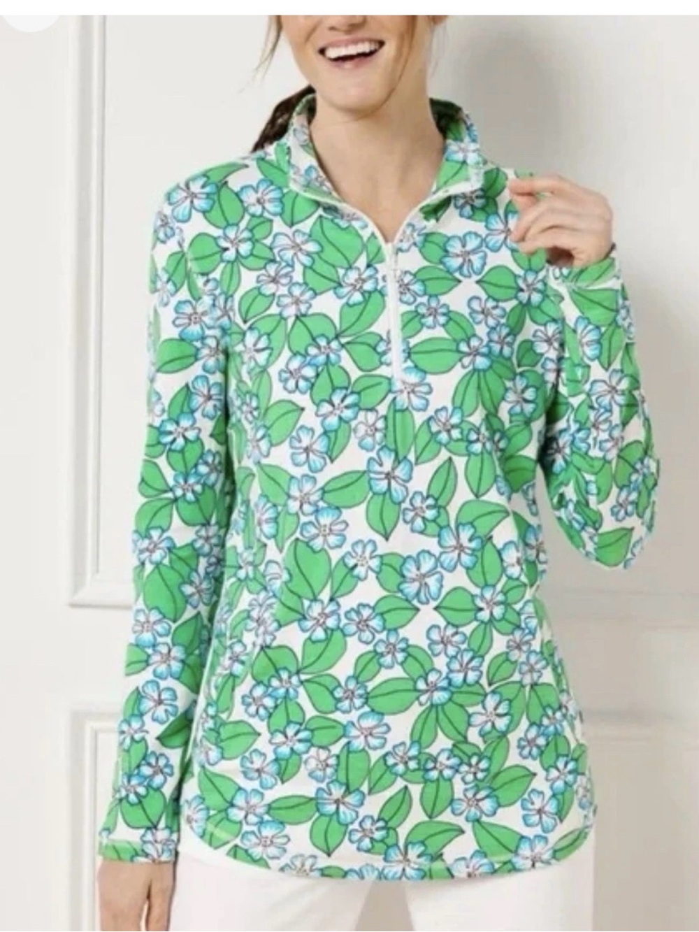 Talbots Green and White Floral Half-Zip Sweatshirt